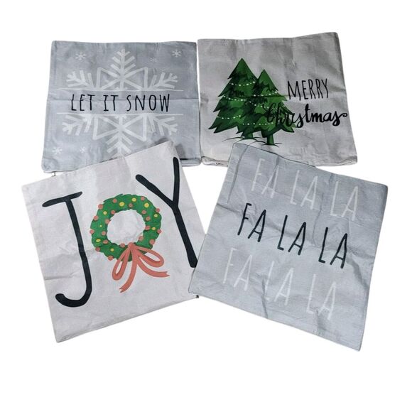 Christmas Pillow Covers Set of 4 17x17" Christmas Tree, Joy, Fa La La, Let it sn - Picture 1 of 4